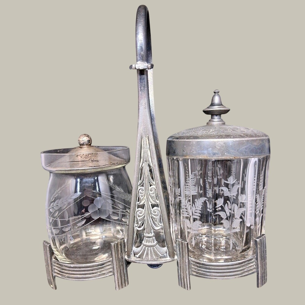 Middletown Plate Co Victorian Pickle Castor Double Jar Set Etched Glass Caddy